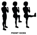 Front kicks. Sport exersice. Silhouettes of woman doing exercise. Workout, training