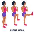 Front kicks. Sport exersice. Silhouettes of woman doing exercise. Workout, training Royalty Free Stock Photo