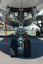 Front landing gear of the newest airplane Airbus A350-900 XWB