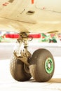 Front landing gear of a passenger aircraft at an aerodrome