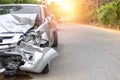 Front of light gray color car with pick up have big damaged and broken by accident on road in morning time can not drive any more Royalty Free Stock Photo