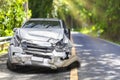 Front of light gray color car with pick up have big damaged and broken by accident on road in morning time can not drive any more Royalty Free Stock Photo