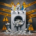 A front loading washing machine is filled with dollar bills. The scene is surrounded by yellow warning tape and caution signs.