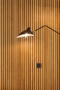 Front of modern wooden separator modern wall-mounted lamp on textured wood wall.
