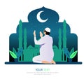 In front of mosque man praying to Allah, ramadan kareem, happy eid, illustration vector graphic islamic holy month of ramadhan.