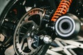 Front motorcycle disk breaks and tire in close up Royalty Free Stock Photo