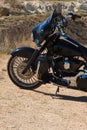 Front motorcycle disk and tire in close up. Prairie, steppe in summer.