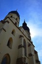 Front northwestern view of gothic cathedral church of Saint Nicholas in Trnava with typical twin church towers Royalty Free Stock Photo