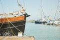 Front of old large ship. Sailboat bow parked in harbor, yachting, sailing Royalty Free Stock Photo