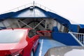 Front open door of passenger freight cargo ferry boat vessel ship with loaded cars and vehicles. Sea transportation Royalty Free Stock Photo