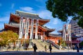 In front of Otsu Kannon Temple in the morning, blue sky and beautiful clouds, there are many tourists