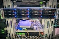 Front panel of central data server. Powerful computing equipment works in the server room. Rack with hosting servers of large web