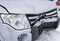 Front part of crashed car. Winter Royalty Free Stock Photo