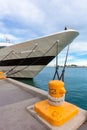 Front part of large luxury yacht tied to the dock on Lake Michigan Royalty Free Stock Photo