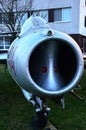 Front part with massive air intake of MIG-17F Fresco Russian subsonic fighter aircraft.