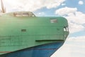 Front part of old amhibian plane against blue sky. Vintage anti-submarine military hydroplane aircraft . Toned Royalty Free Stock Photo