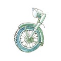 Front part of a retro German motorcycle - wheels and headlight in watercolor in blue and green tones