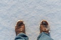 Front parts of pair of boots on white snow. top view