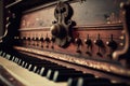 In front perspective, an old wooden piano key on a wooden musical instrument