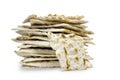 A front photo of many pieces of matzah or matza isolated on white background. Matzah for the Jewish Passover holidays. Place for t