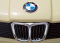 Front picture of BMW car, closeup on logo and grill of silver
