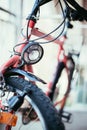 Bike in the city: Front picture of a city bike, blurred background