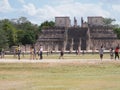 Front of platform of Temple of Warriors at Chichen Itza city in Mexico on February