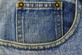 Front pocket of blue jeans, denim texture background