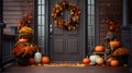 Fall autumn wreath on brown front door.