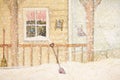 Front porch in snow with clothesline