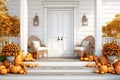 Front porch with Thanksgiving decor pumpkin and autumn flowers. Autumnthemed decorations