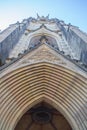 Front portal ornate motif of Neo Gothic Church, Basel, low angle view vertical