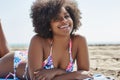 Young beautiful afro american woman lying on beach Royalty Free Stock Photo