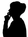 Front profile portrait silhouette of elderly lady finger on lips