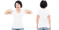 Front and rear view of beautiful smile woman in white t-shirt pointed on her t shirt isolated, middle aged woman in blank tshirt