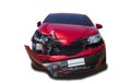 Front of red color car damaged and broken by accident isolated on white background. Save with clipping path Royalty Free Stock Photo