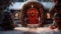 The front red door building is decorated with Christmas garland, Generative AI Royalty Free Stock Photo