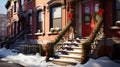 The front red door building is decorated with Christmas garland, Generative AI Royalty Free Stock Photo