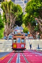 Front of red and tan trolley 11 on San Francisco city road lined with sycamore trees on sunny day, CA