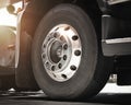 Front of Semi Trailer Truck Wheels Tires. Alloy Wheel, Tyres, Rubber. Freight Trucks Transport