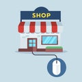 Front shop connect with mouse, online shopping concept.