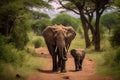 Front shot of an adult and baby elephant walking in the wild, adult and baby elephant together Royalty Free Stock Photo