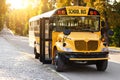 Front Shot Of Parked Retro Yellow School Bus Standing On The Road Royalty Free Stock Photo