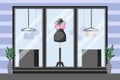 Front showcase underwear storefront, vector illustration. Mannequin with lace bra, thin clothes on hanger. Vases near