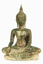 Front side of ancient Buddha metal statue isolated on white background