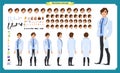 Front, side, back view animated character. Doctor character creation set with various views, face emotions, poses and