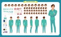 Front, side, back view animated character. Doctor character creation set with various views, face emotions, poses and gestures. Royalty Free Stock Photo