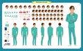 Front, side, back view animated character. Doctor character creation set with various views, face emotions, poses and gestures. Royalty Free Stock Photo