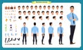 Front, side, back view animated character. Manager character creation set with various views, hairstyles, face emotions, poses