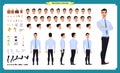 Front, side, back view animated character. Manager character creation set with various views, hairstyles, face emotions, poses